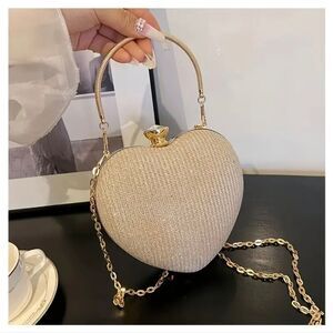 Sparkling Gold Heart Shape Evening Bag Purse Party Mini Handbag Clutch Chain